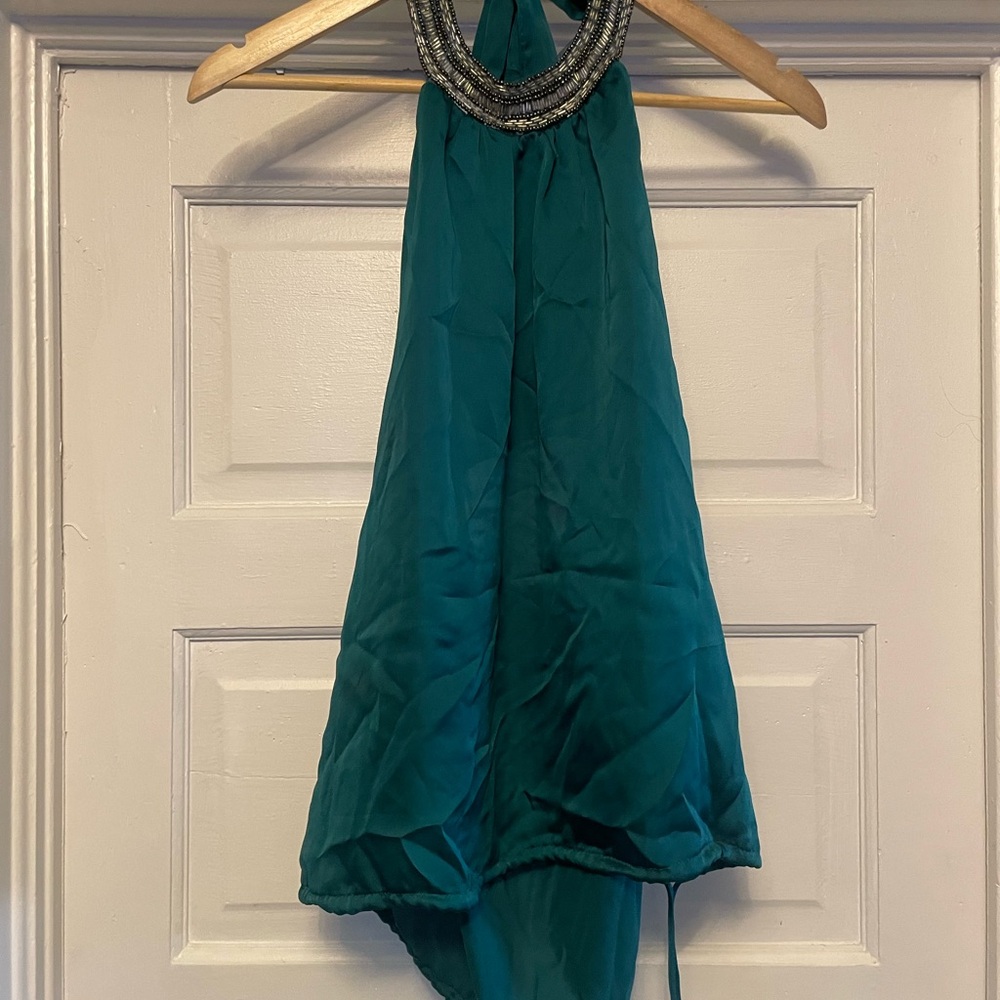 Teal Halter Top with Beaded Neckline